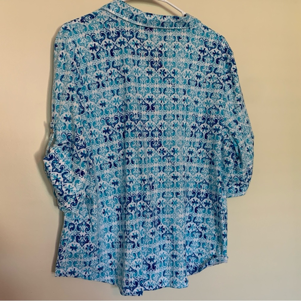 Women’s XL REBECCA MALONE White Blue Print Popover Tab-Up Sleeve‎ Blouse - Picture 5 of 5